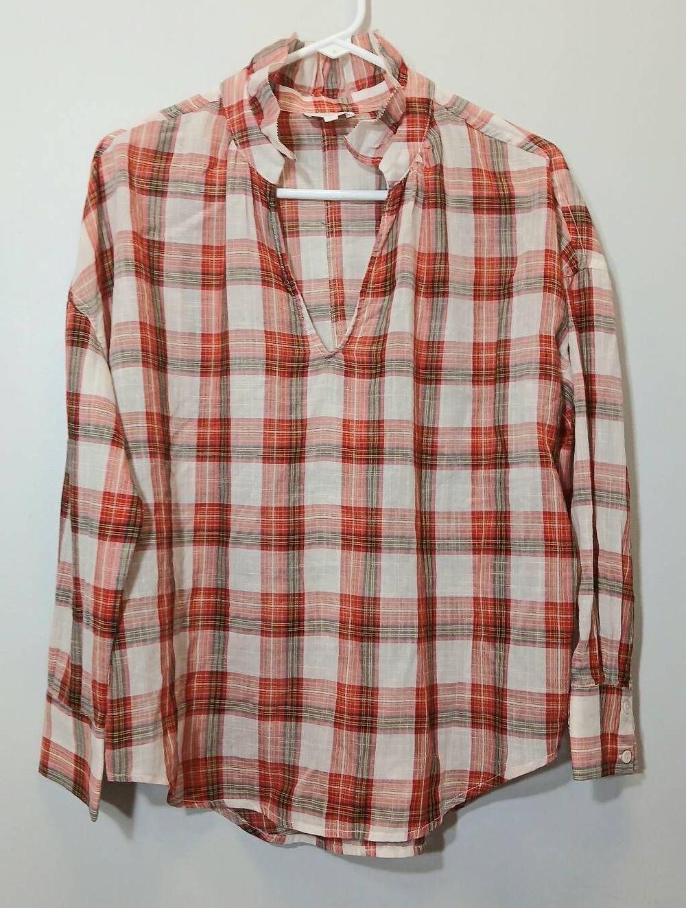 Sundays womens medium red plaid shirt cotton lightweight longsleeve Popover